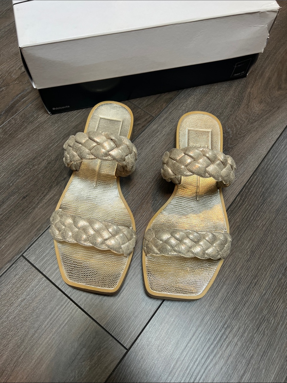 Dolce Vita Double-Braided Leather Strap Metallic Gold Slide Sandals - Picture 3 of 4